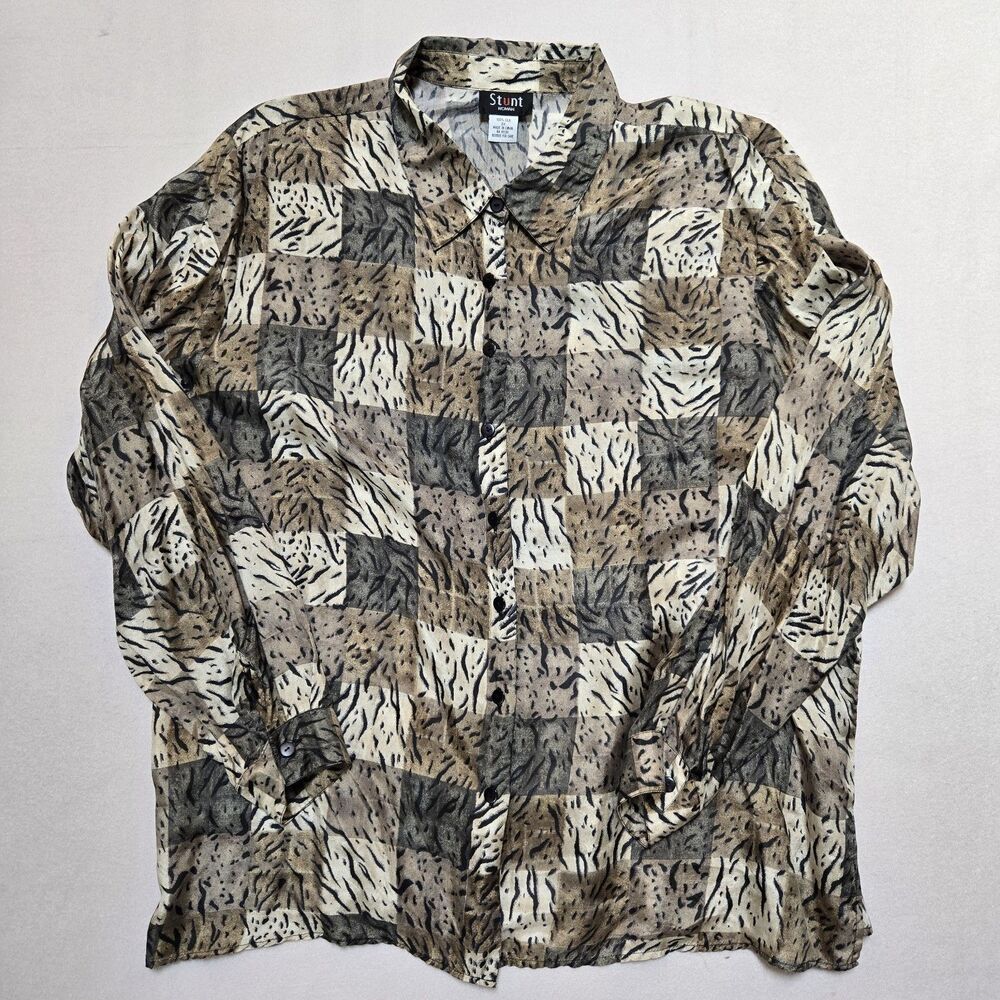 VTG 100% Silk Sheer Blouse Womens Plus Size 3XL Button‎ Front Animal Print